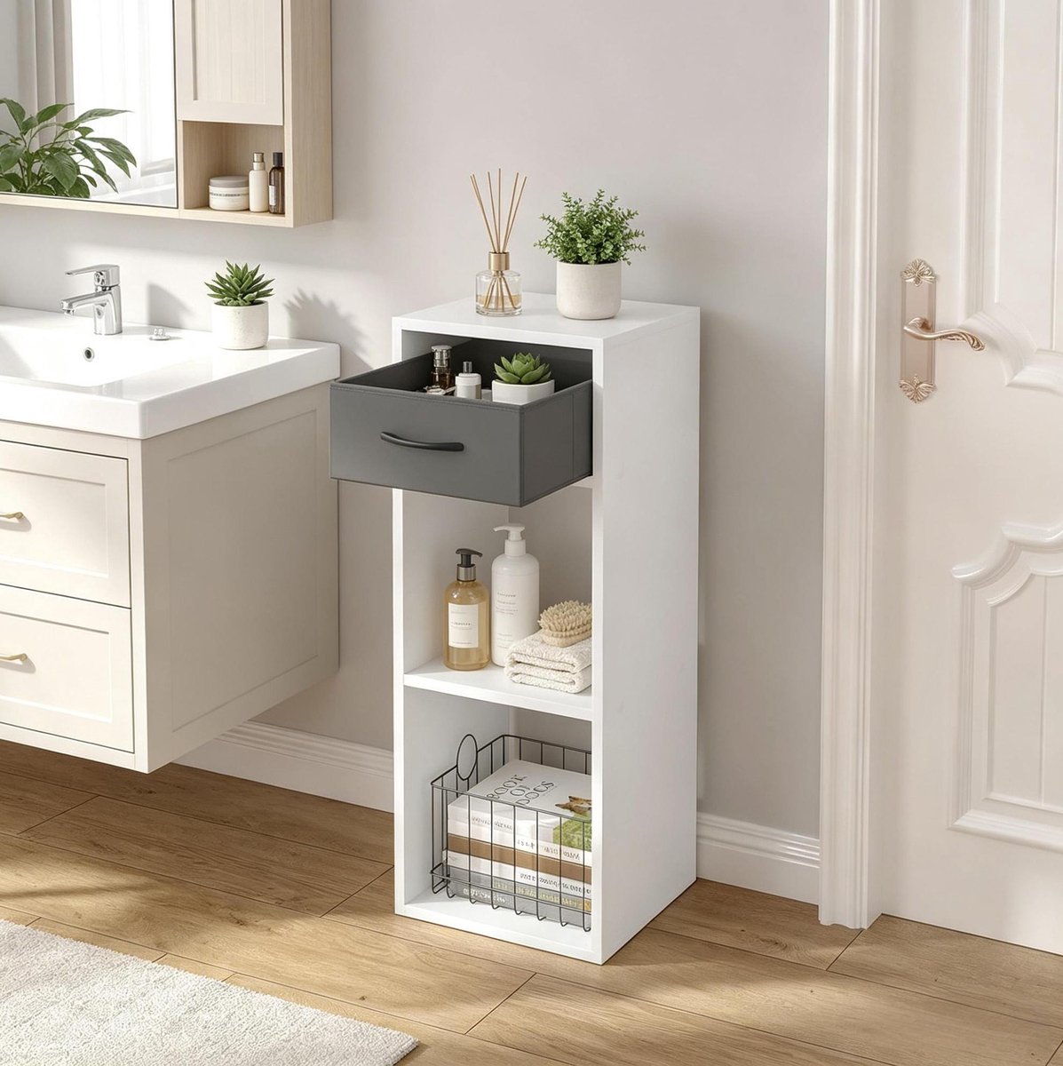 FloraGrace Boekenkast – 32,4 x 30 x 80 cm – Met Lade en Open Vakken – Houtmateriaal – Grijs Wit – Staande Opbergkast Voor Woonkamer