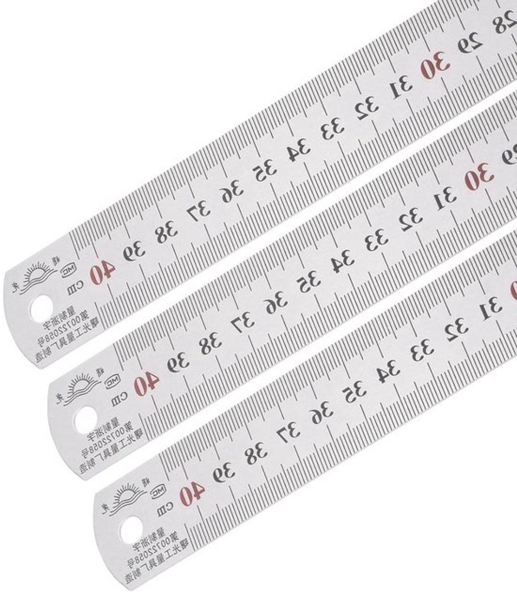 Set van 3 roestvrijstalen linialen - 40 cm lengte - Dubbele lezing - Architectonische meetinstrumenten - Zilverkleurig.