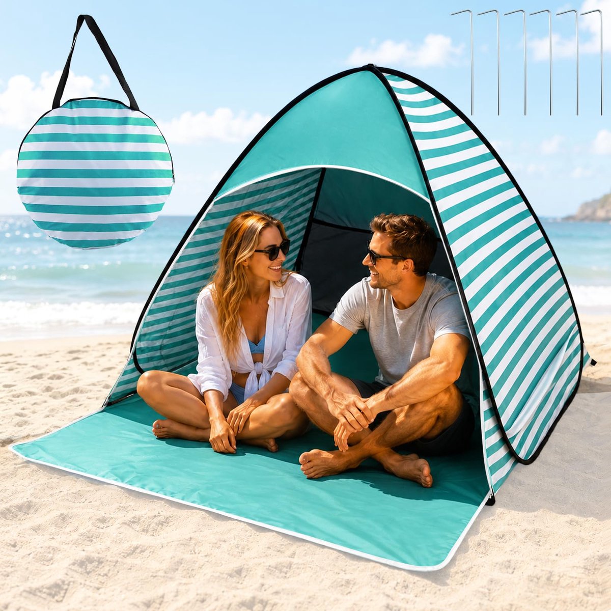 SnelShoppen - Pop-up Strandtent UV-bescherming 50+, Geschikt voor 2-3 Personen, Inclusief Haringen, Ideaal voor Kamperen, Picknicks en het Strand