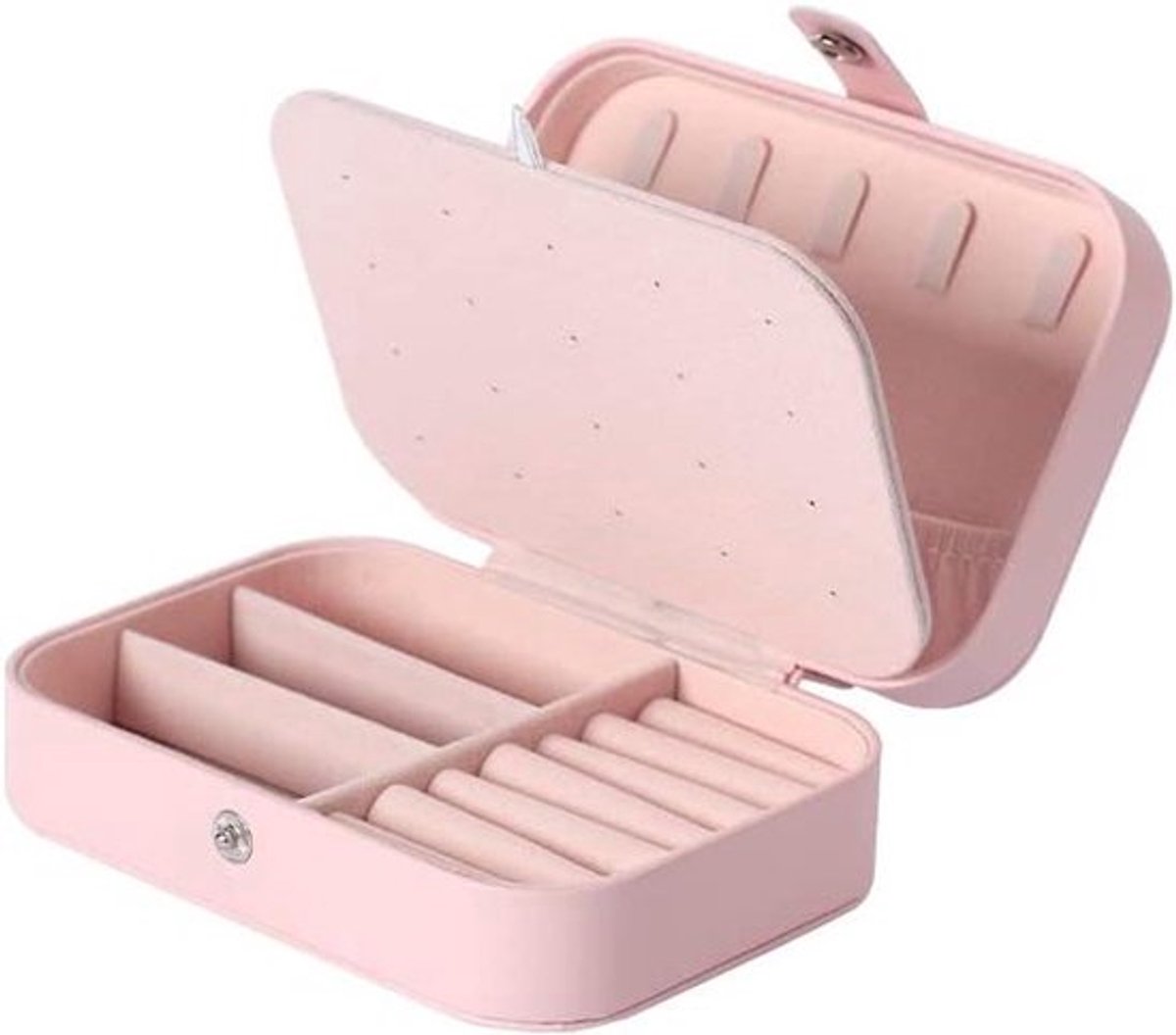 Draagbare PU Lederen Sieradendoos voor Ringen, Oorbellen en Ketting - Roze