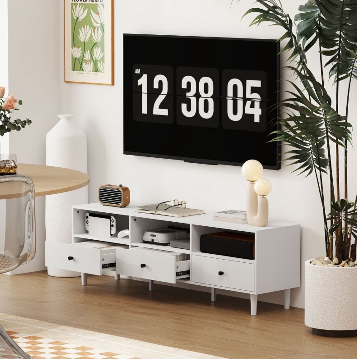 TV Meubel - Met 3 Open Vakjes, 3 Lades En Kabelmanagement - Voor Woonkamer En Tv Tot 75 Inch - Wit - Spaanplaat - 140 X 34 X 45 Cm