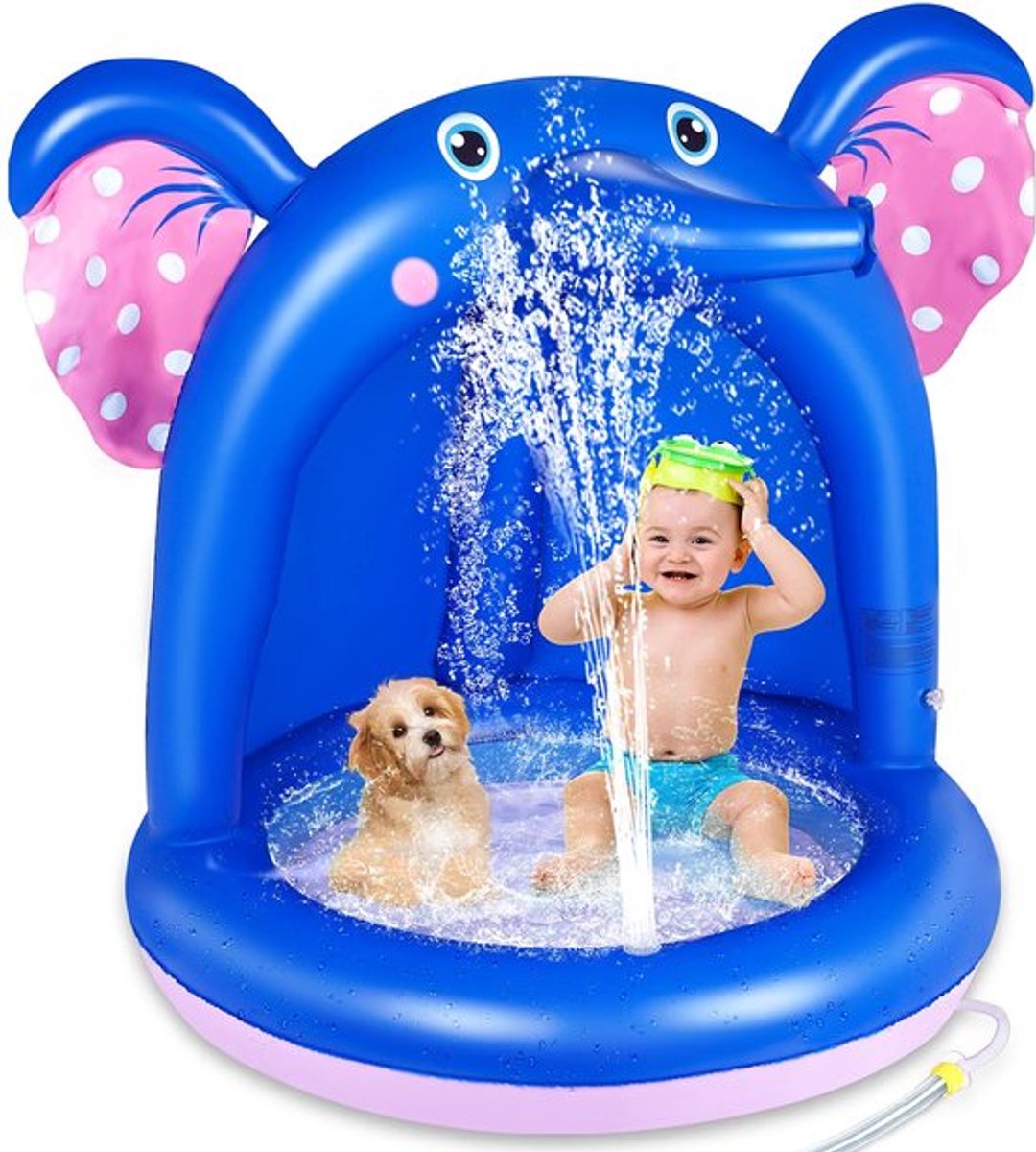 Babyzwembad met luifel - Opblaasbaar kinderzwembad - Olifantvorm - Zachte bubbelbodem - Spuitfunctie - Voor binnen/buiten gebruik - Opblaasbaar Zwembad