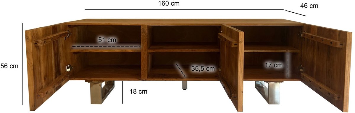 Ervesto Lowboard Tv Meubel - Dressoir - Acacia Massief Hout 160x56x46 Cm - Bruin - Handgemaakt - Voor Tv Tot 70 Inch