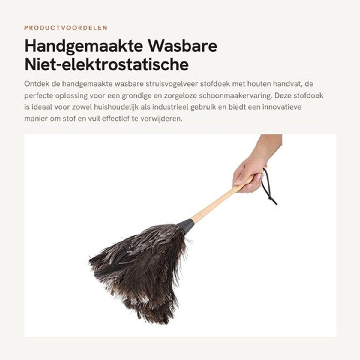 Stofdoek Wasbaar - Struisvogelveer - Houten Handvat - Hoogwaardig Materiaal - Niet-elektrostatisch - Professionele Kwaliteit - Afstofdoek
