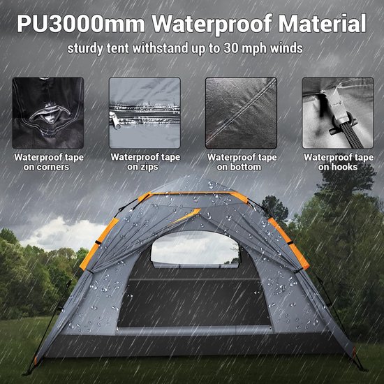 SnelShoppen - Cflity Campingtent 3-persoons Pop-Up Tent Automatische Waterdichte 4-seizoens Koepeltent met Grote Vloermat en Afneembare Regendoek voor — afbeelding 3