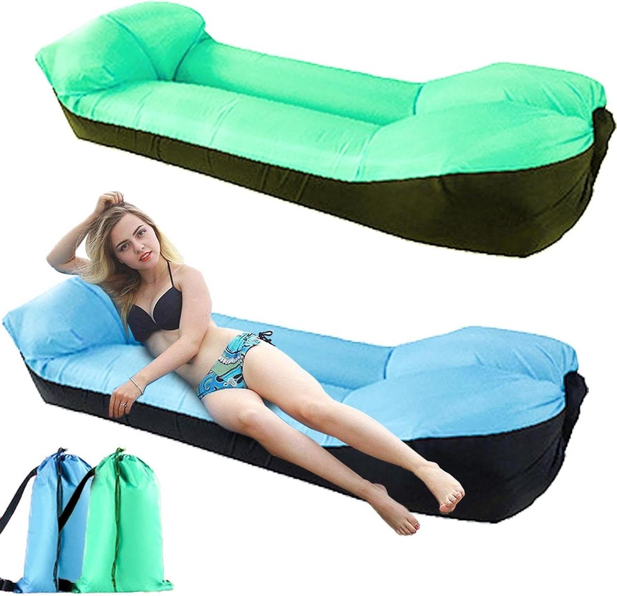 Opblaasbare Ligstoel - Luchtbank Campingbank - Ontspannen Buiten - Scheurvast Waterdicht Materiaal - 180 cm - Blauw Groen
