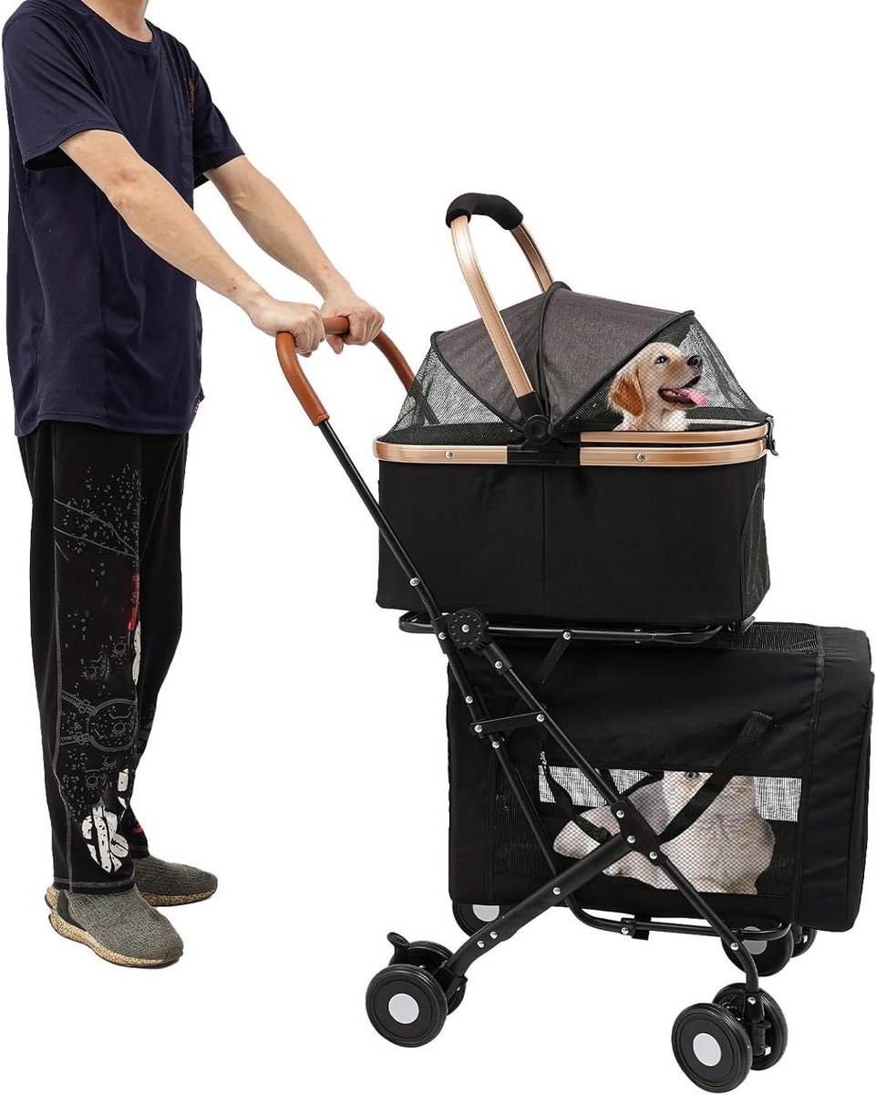 Hondenbuggy 3-in-1 - Dierenwagen - Reizen met huisdieren - Twee verdiepingen - 35 kg - Zwart