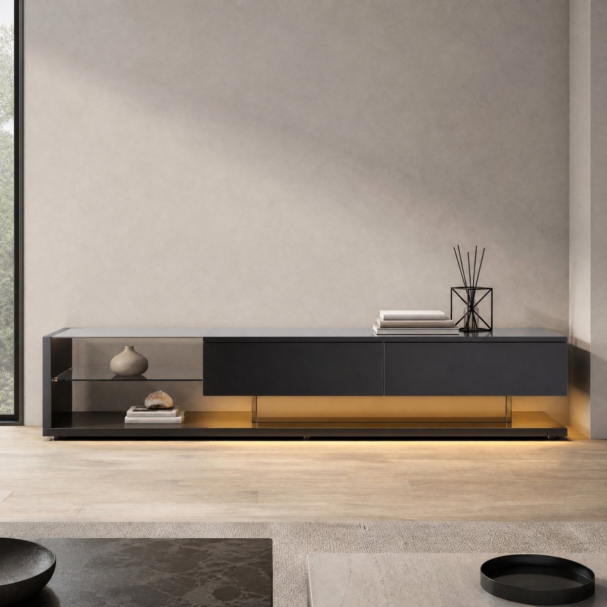 COVREO TV-meubel 170 x 36 x 38 cm - zwart hoogglans, spaanplaat, LED-verlichting