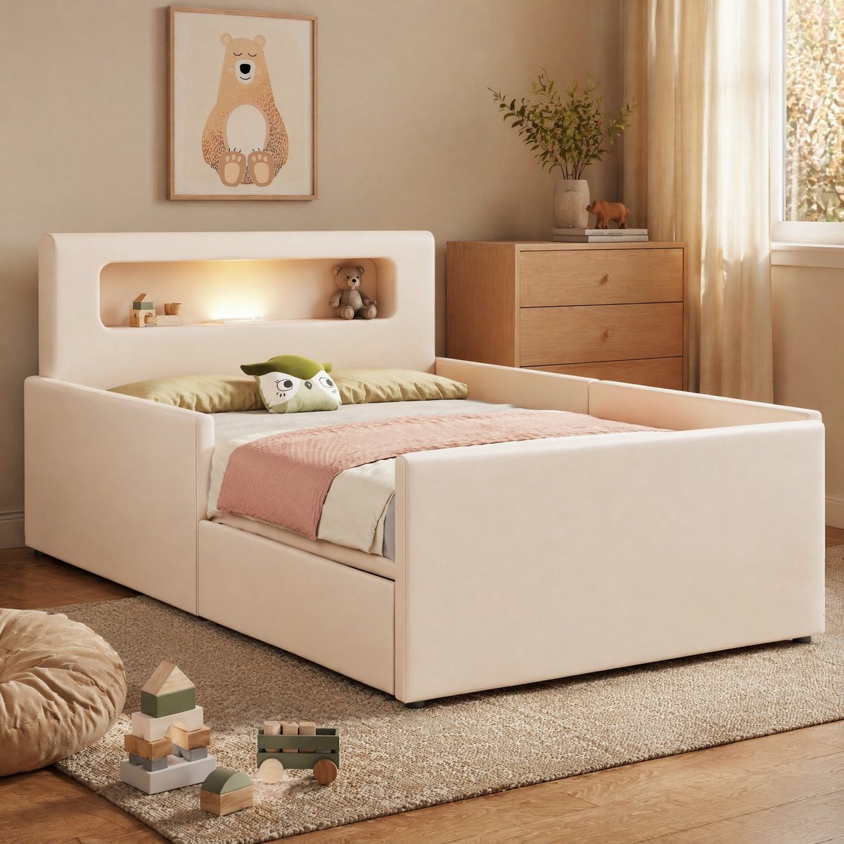 COVREO Kinderbed 90x200 cm beige kunstleer met nachtlampje, USB en opberglades