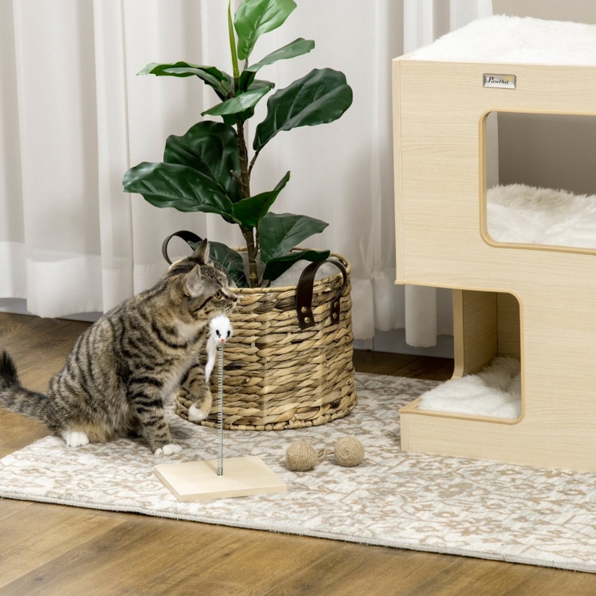 FloraGrace Kattenhuis – 34 x 34 x 60 cm – 3 Niveaus Met Speelmuis – Pluche – Eikenkleur – Slaap- en Ligplek Voor Binnenkatten