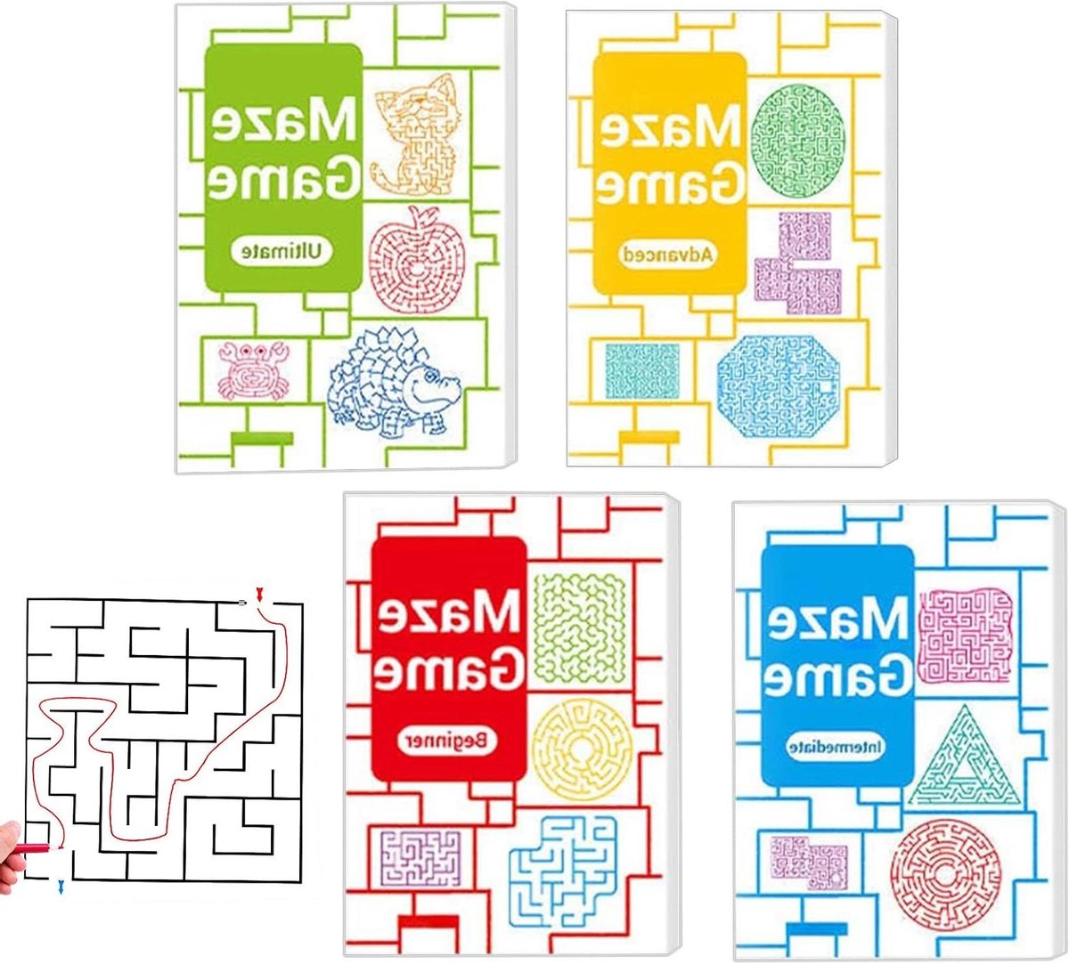 Labyrint Boekenset - Speelboek Doolhof - Cognitieve Ontwikkeling - Scheurbestendig Materiaal - 4 stuks - Multicolor