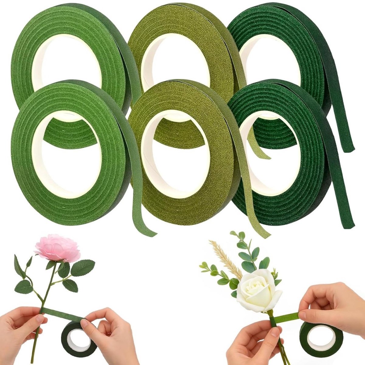 GELLDG 6 Stuks Bloemenplakband - Floristenkrepp - Zelfklevend Pakpapier voor Bloemstukken en Knutselen - Geschikt voor Floristiek, Bruiloften en DIY Projecten - Papieren Materiaal - 12mm x 27m per Rol