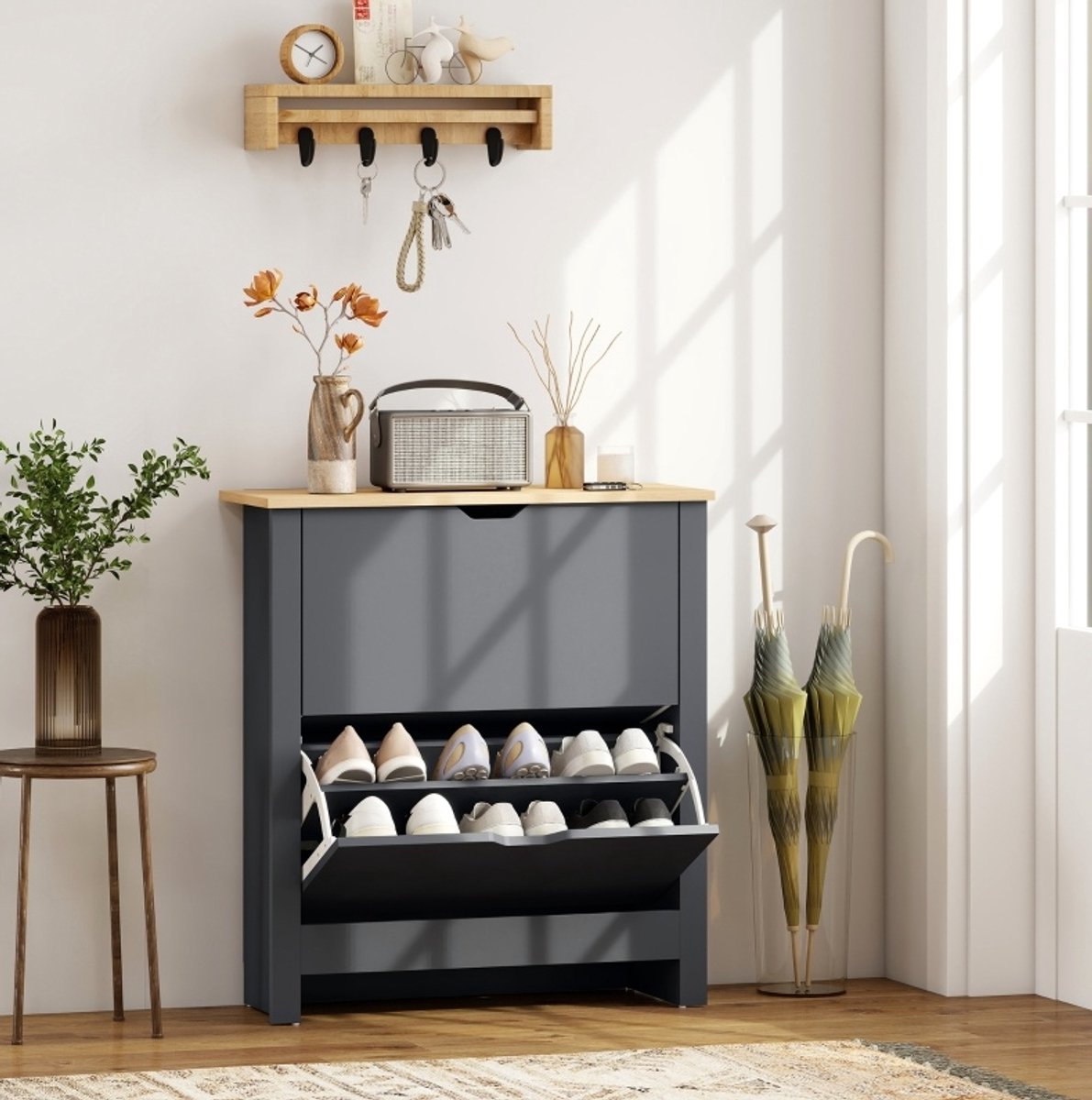 Schoenenkast Met 2 Klapvakken En Verstelbare Verdeler Voor 8 Tot 12 Paar Schoenen Donkergrijs Spaanplaat 72 X 26 X 80 Cm