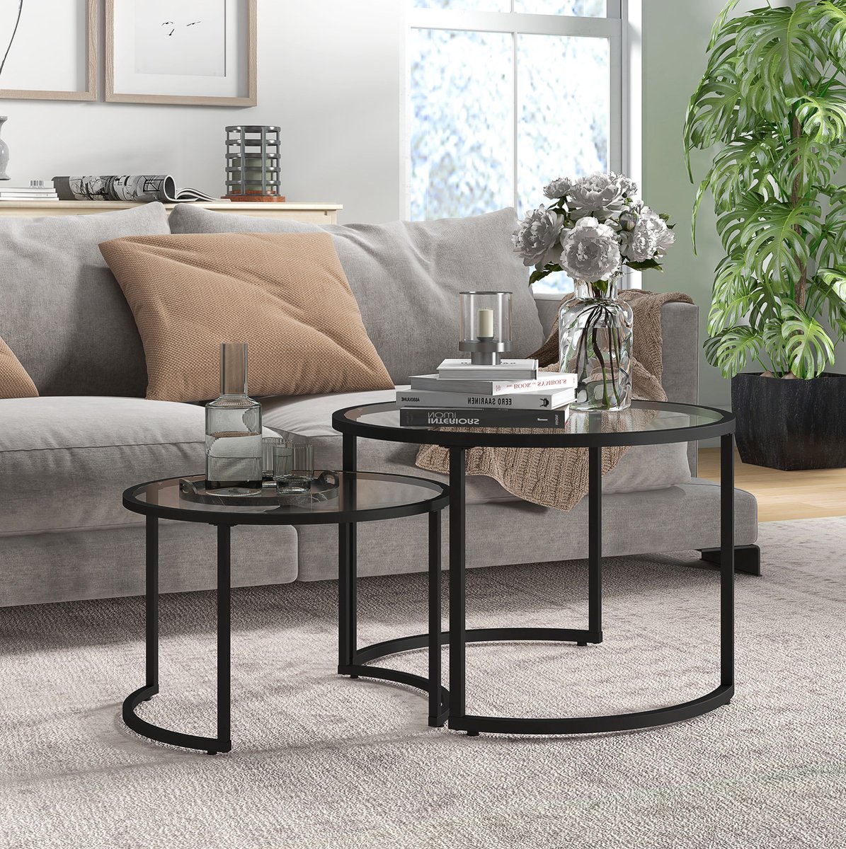 STILVORA Salontafel Set van 2 - Ronde Bijzettafel Met Gehard Glas En Zwart Stalen Frame - Modern Voor Woonkamer En Lounge - Zwart - 70 Cm