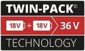 Logo met tekst "TWIN-PACK TECHNOLOGY" en "18V + 18V = 36V"