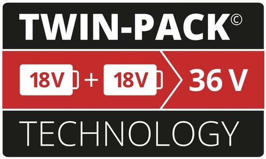 Logo met tekst "TWIN-PACK TECHNOLOGY" en "18V + 18V = 36V"