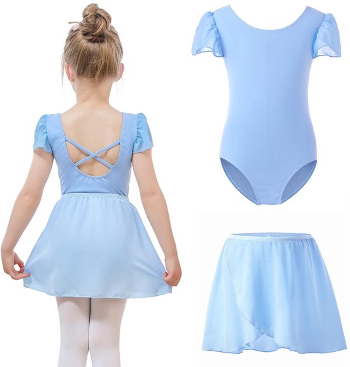 Balletkleding Meisjes met Afneembare Balletrok - Dansbody - Pofmouwen - Balletpak Kinderen - Materiaal 88% Nylon - Levering Inclusief 1 Rok - Danspak