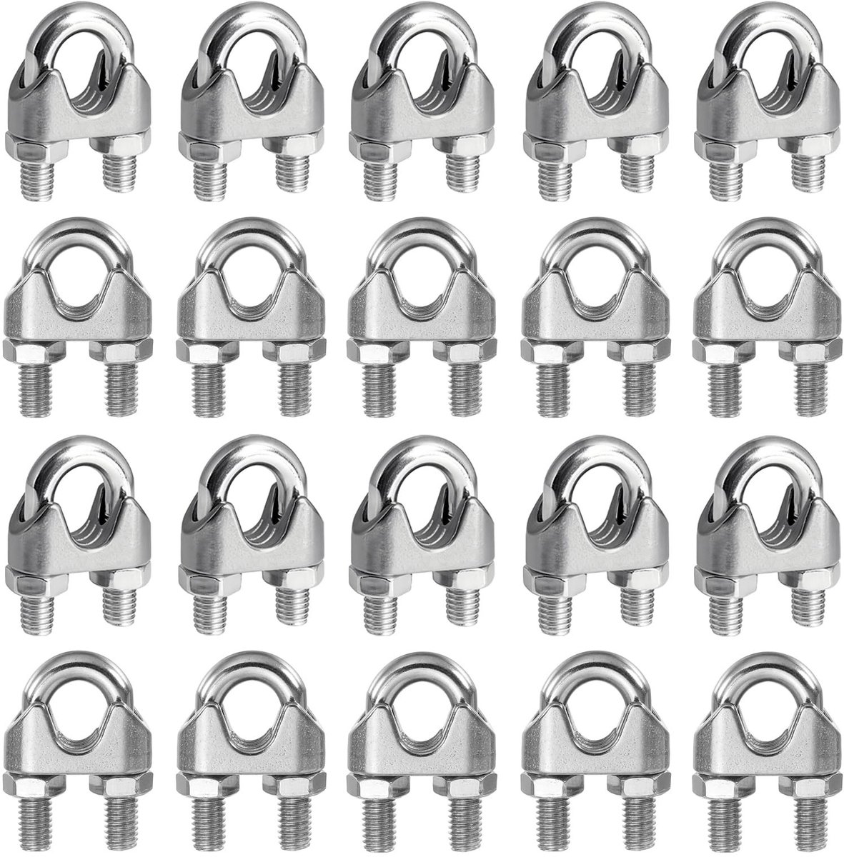 Dailygoods- Draadkabelklem 20 Stuks - Roestvrij Staal 304 - Antislip - U-bouten - Geschikt voor Staalkabels 2-4 mm - Zilverkleurig - Kabelklem