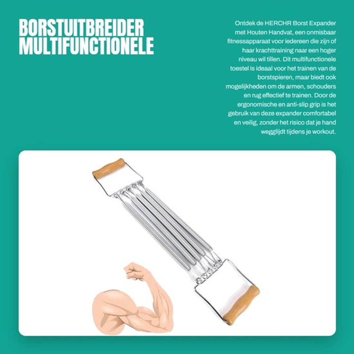 Borstuitbreider met Houten Handvat - Multifunctionele Fitnessapparatuur - Veerstaal - 60cm Lengte - 1013g Gewicht - Ideaal voor Oefeningen - Fitnessapparaat