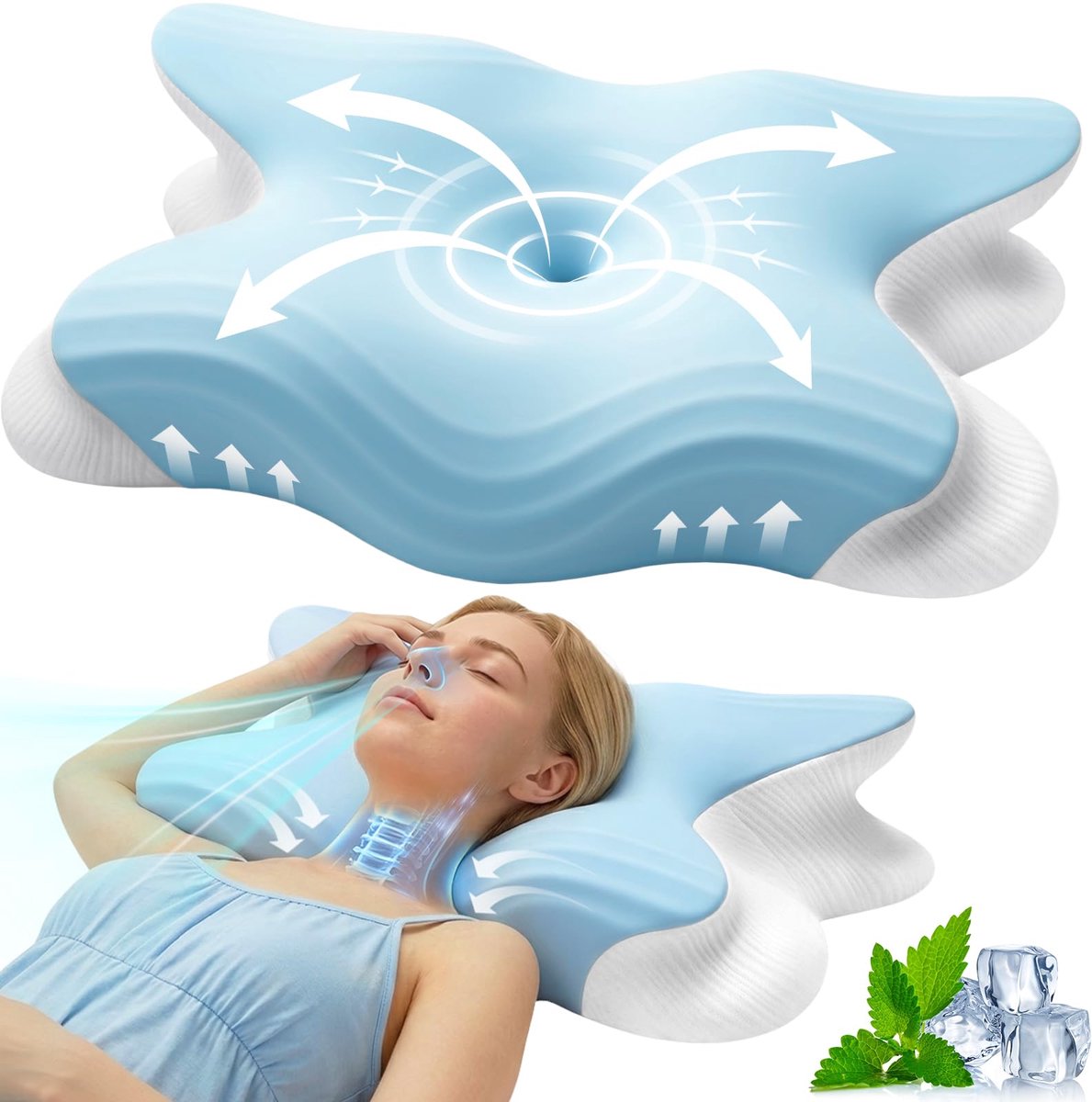 SnelShoppen - 2-in-1 Ergonomisch Nekkussen Memory Foam Kussen, Hoofdkussen voor Rug-, Zij- en Buikslapers, Traagschuim Bedkussen met Afneembare Overtr