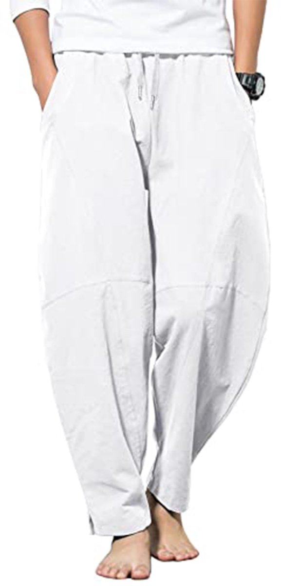 SnelShoppen - Herenbroek katoen linnen harembroek met zakken, vrijetijdsbroek voor mannen, wit, maat L, comfortabel en stijlvol voor elke gelegenheid