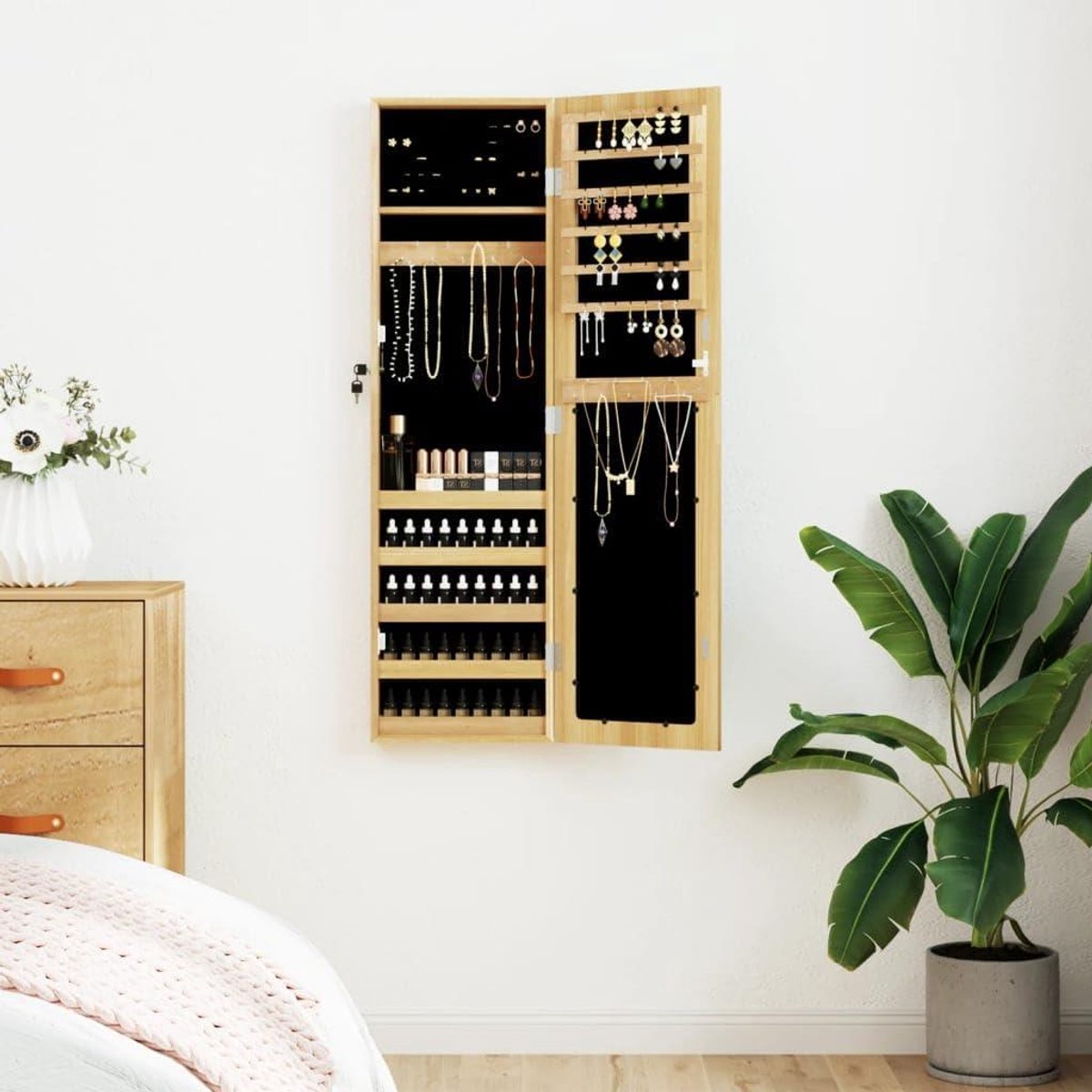 Sieradenkast met spiegel - Opberger met haken - Sieraden organiseren - Afsluitbare deur - 30 x 85 x 106 cm