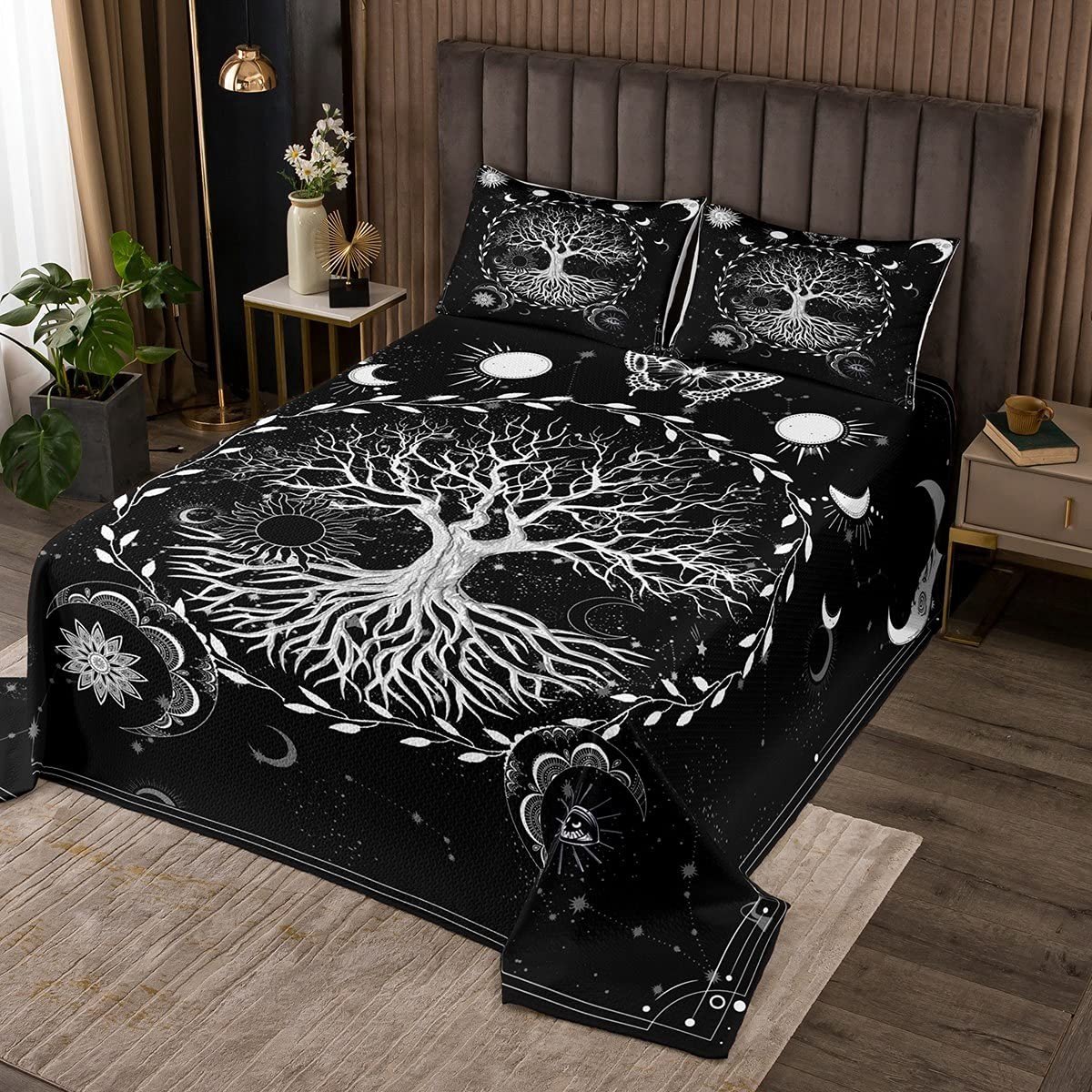 Dailygoods - Bedsprei met Levensboom Motief - 240 x 260 cm - Zwart-Wit