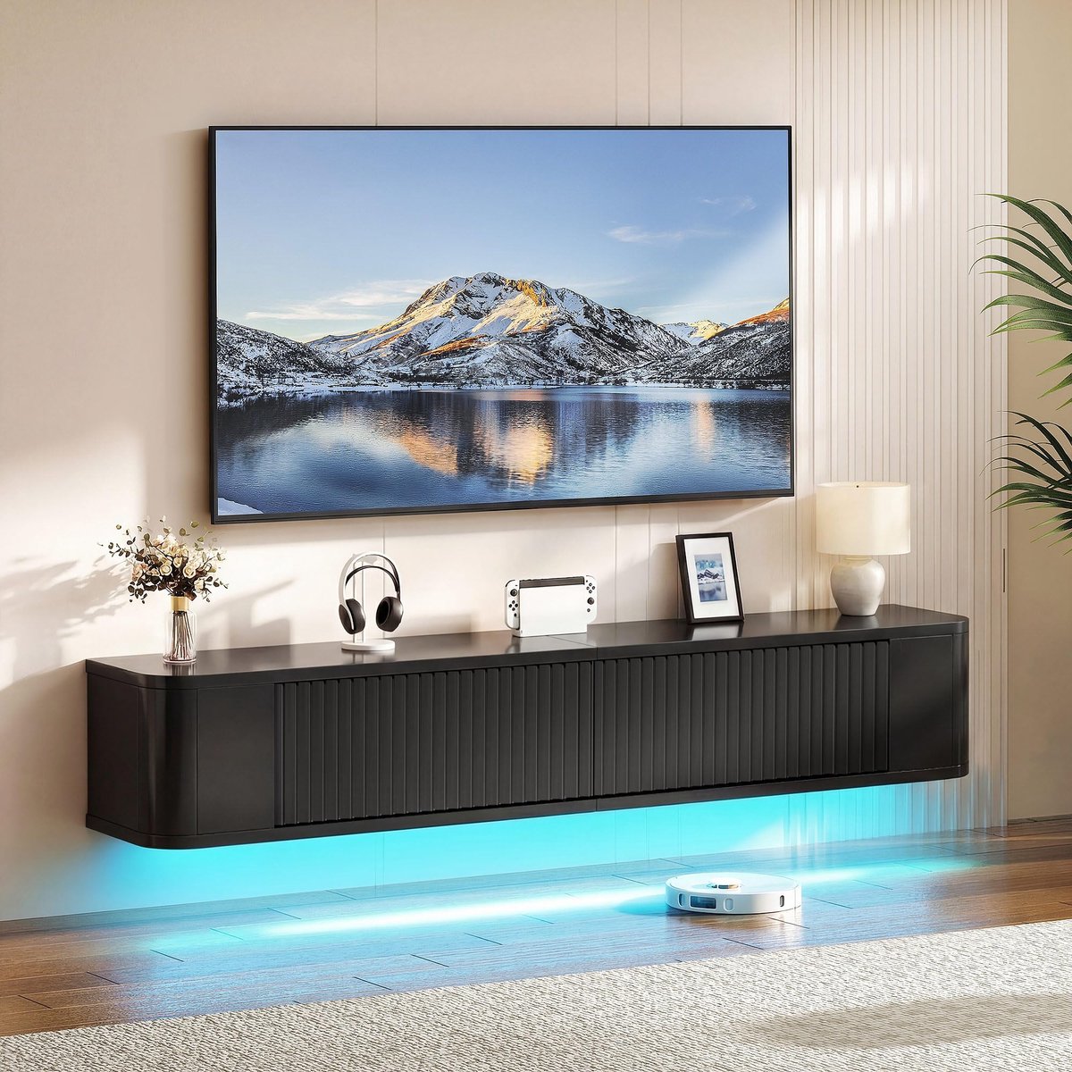 SnelShoppen - Zwevende TV-standaard 140 cm met RGB-ledverlichting, wandgemonteerde TV-planken in zwart hoogglans, ruime zwevende TV-kast voor woonkame