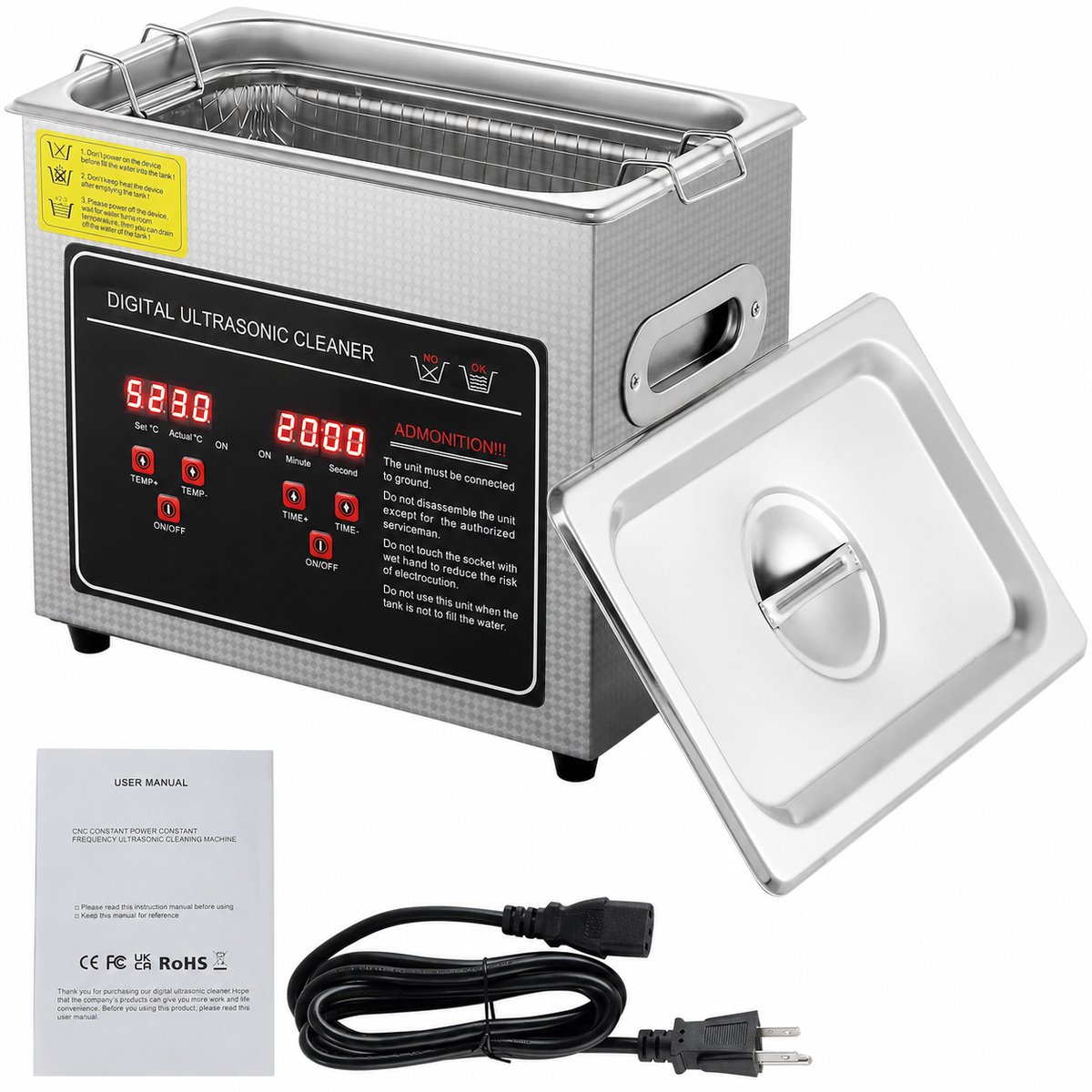 Novari - Ultrasoon reiniger - Reiniger - Wasmachine - Krachtig 40 kHz - 240 W - Vier ultrasone transducers - Digitale bediening