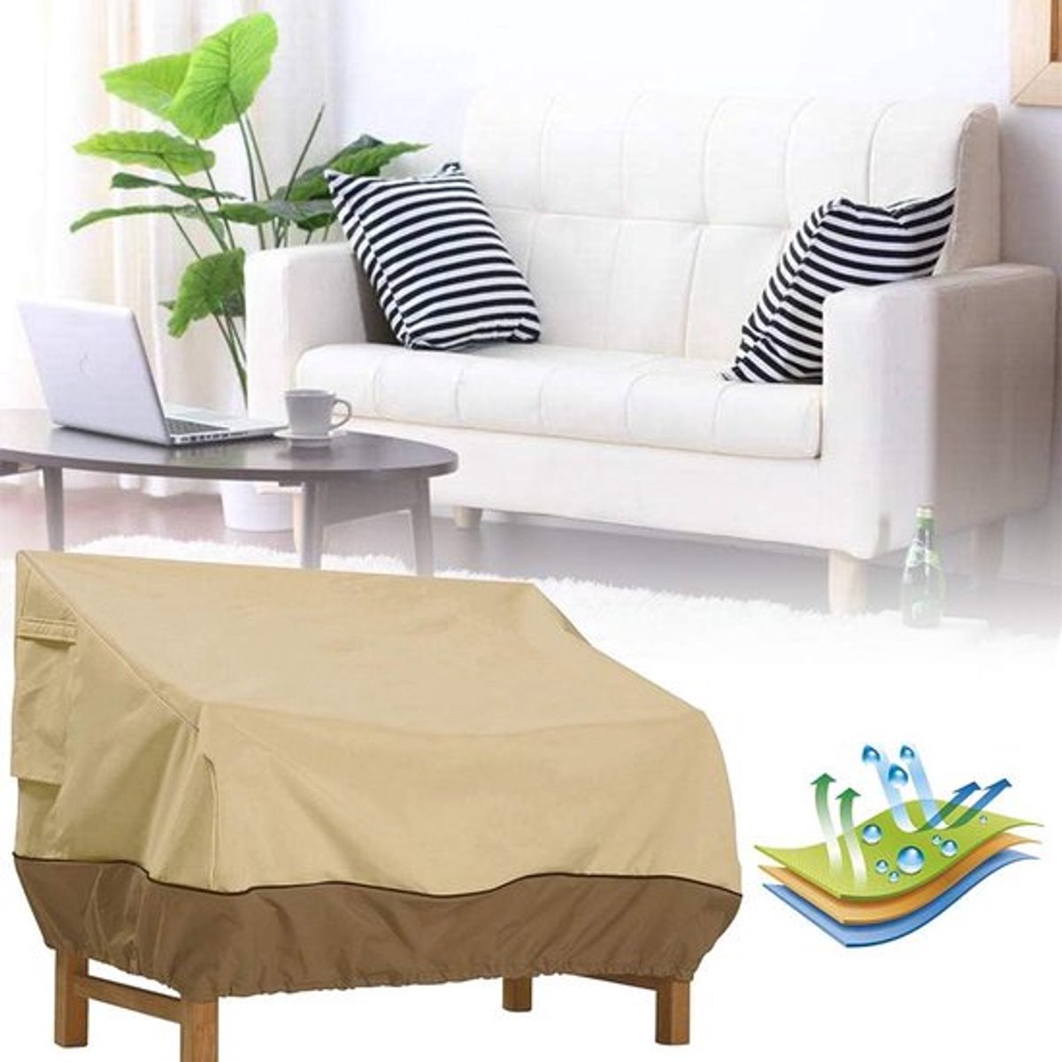 KZQ Meubelhoes - Bankhoes - Tuinbankhoes - Bankhoes - Waterdichte tuinbankhoes - Inclusief opbergtas - Waterdicht, stofwerend, winddicht, scheurvast - 193 x 83 x 84cm - Beige