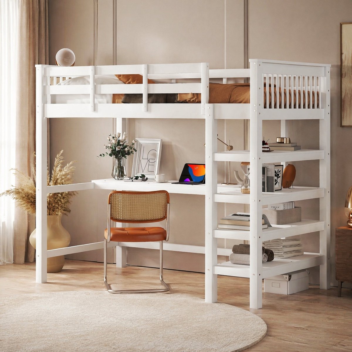 COVREO Hoogslaper 90 x 200 cm wit hout en MDF - met bureau en opbergruimte