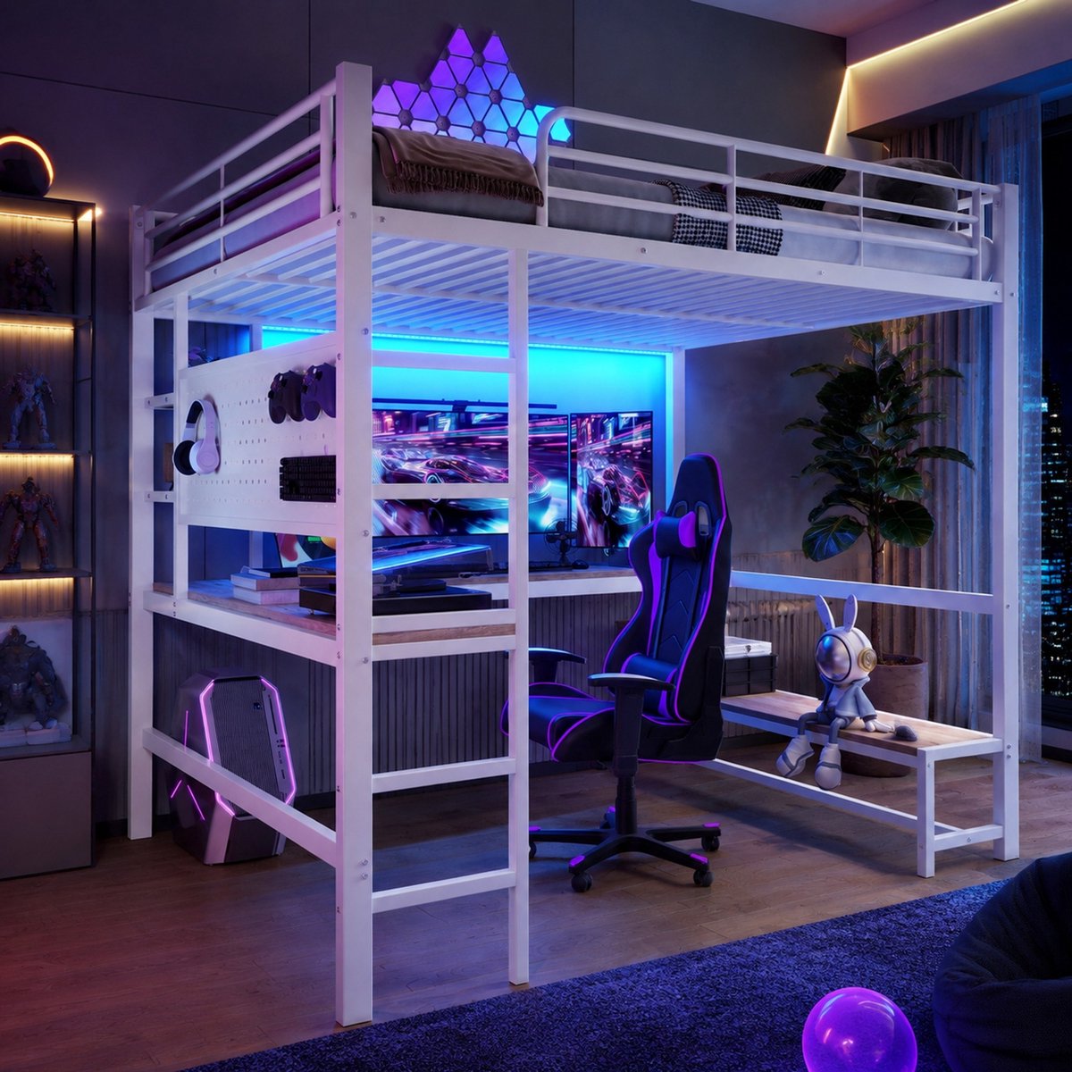 COVREO Hoogslaper 140x200 cm wit metaal, bureau, LED, USB-C en opbergruimte