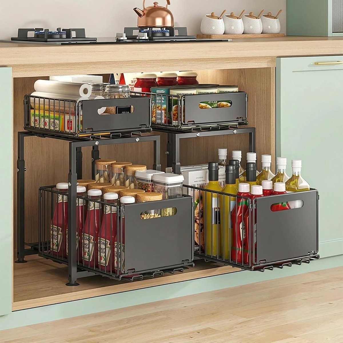 Onderkast organizer - Zwart - 41-49 cm - Verstelbaar en Uittrekbaar - Voor Keuken, Badkamer en Voorraadkast