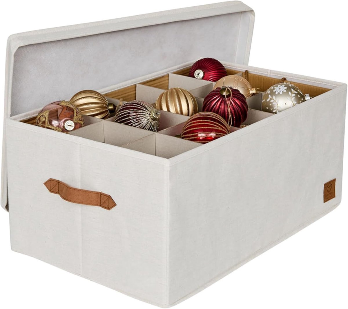 Opbergdoos voor Kerstballen - Beige - 58 x 36 x 25 cm - Linnen met Uitneembare Inzetstukken - Voor Decoratie