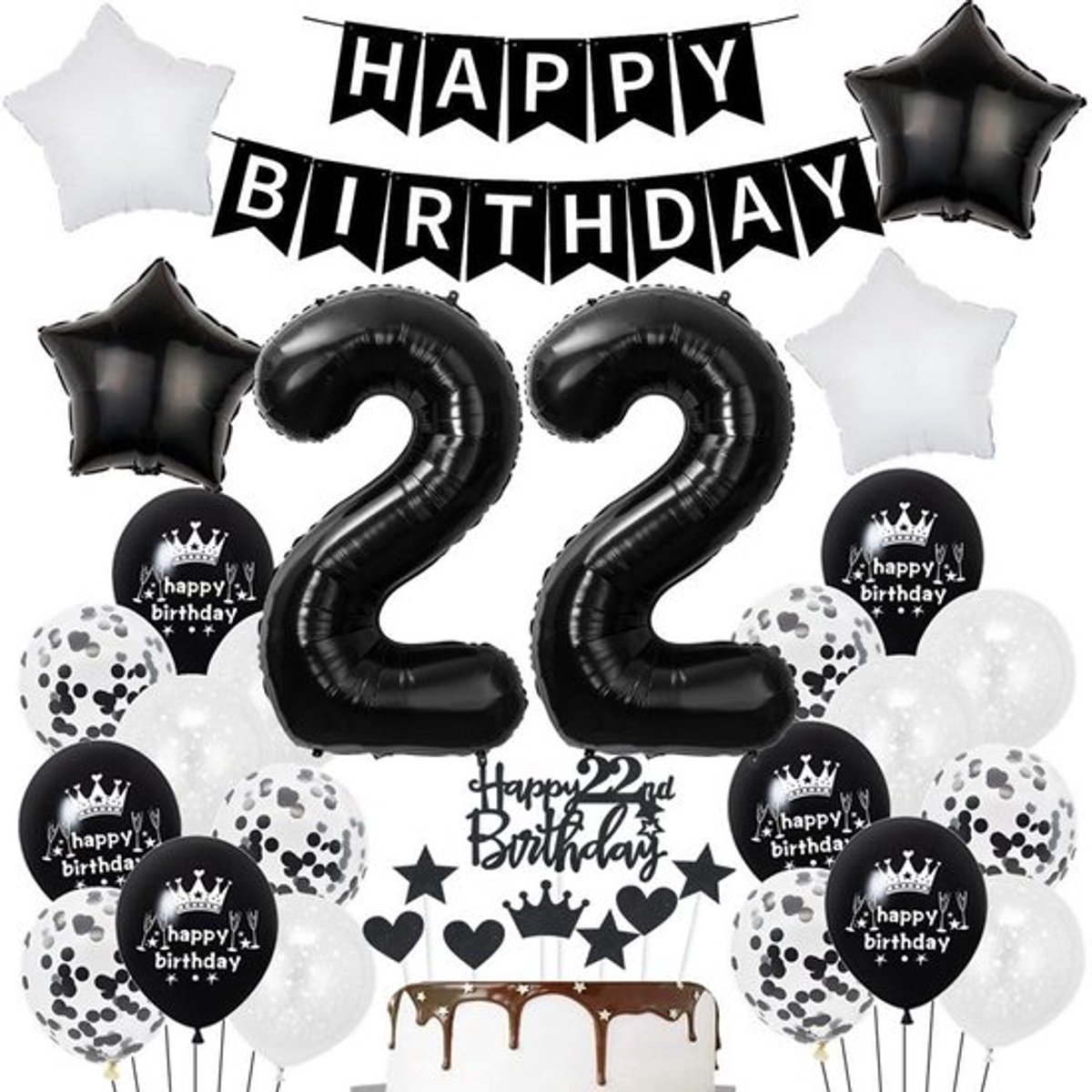 Dailygoods- Ballonnen 22 jaar - Zwarte Feestdecoratie - Folieballonnen 55 cm - Latexballonnen - Hartvormige Ballonnen - Taartdecoratie