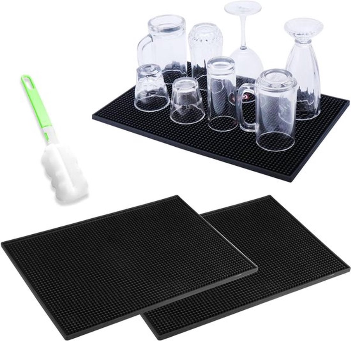 Siliconen Barservicemat Set van 2 Stuks, 30 x 15 cm - Zwart - Voor Club Keuken Cafe - Inclusief Reinigingsborstel.