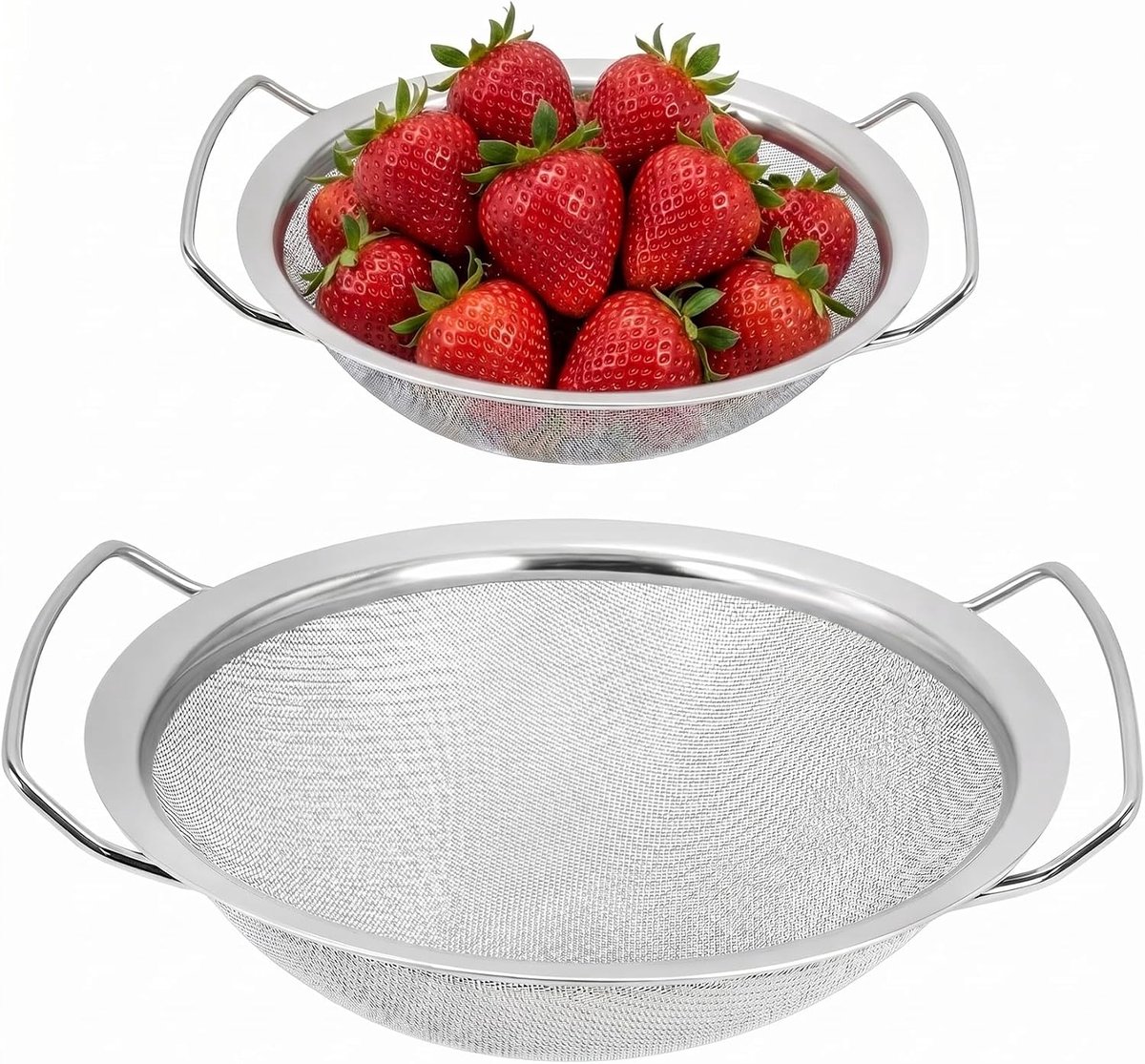 Bobypet - RVS Keukenzeef Set van 2 - Fijnmazige Zeef met Handvat - Vergiet voor Rijst, Pasta, Groente en Fruit - Vaatwasserbestendig