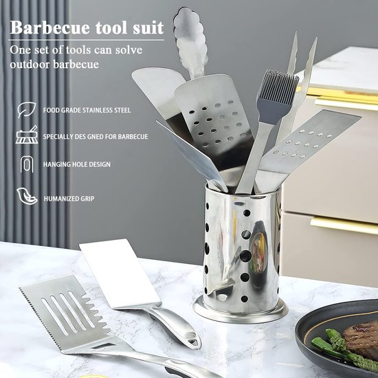 Grill accessoires kit 10 stuks met een keukengerei houder BBQ barbecue gereedschap set roestvrij stalen handvat geen smelten geen afkomen en hittebestendig Barbecue — afbeelding 2