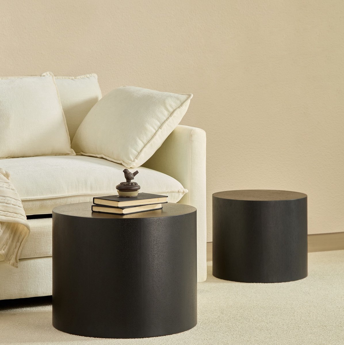 COVREO Salontafel set, zwart MDF, rond 48 en 38 cm, ruimtebesparend