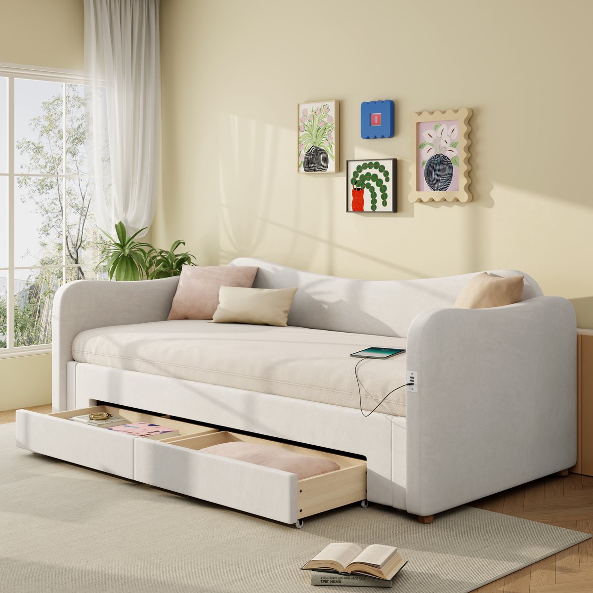 COVREO Bedbank 90x200 cm beige stof, uitschuifbaar met 2 lades