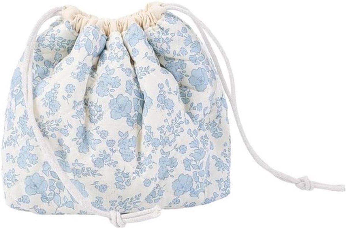 Katoenen make-uptas - Reis-toilettas - Etui voor make-up en accessoires met blauw bloemenpatroon - Gevoerde make-up tas - Bloemen-trekkoordtas - Draagbare opbergzak voor vrouwen - 3,5 x 7 x Blauw