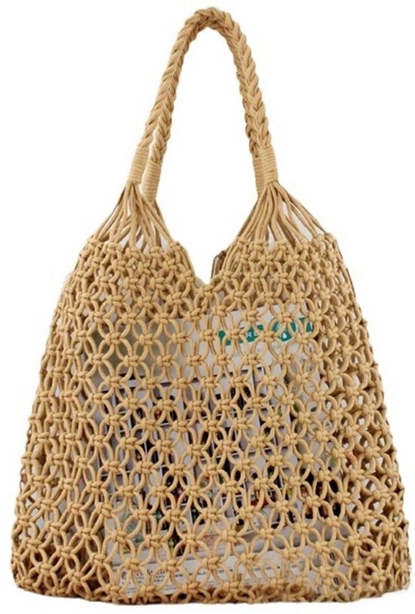 Schoudertas mesh strandtas, zomer stro handtas dames handgeweven tas, strandtas, gehaakte tas voor werk, kantoor, reizen, winkelen, school en dagelijks gebruik, bruin