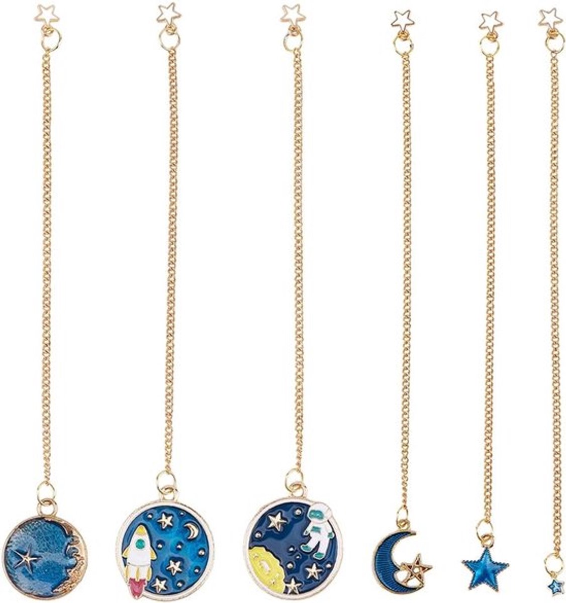 6 Stijlen Ruimte-boekleggers - Astronaut Hanger Ketting Boekleggers - Metaal Boekleggers met Ketting - Schattige Maan Sterboekleggers - Universum Hemelse Galaxie Emaille Boekleggers