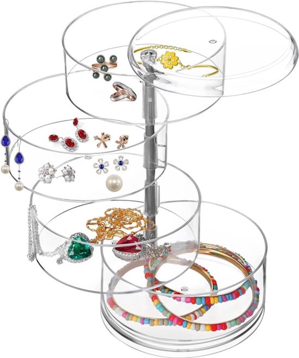 Juwelenorganisator - 4 lagen - Transparant - Acryl - 360° draaibaar - Cosmetische opslag - Twist houder voor ketting - Armband - Ring - Oorbellen - Kleine items - Opbergdoos (4 lagen)