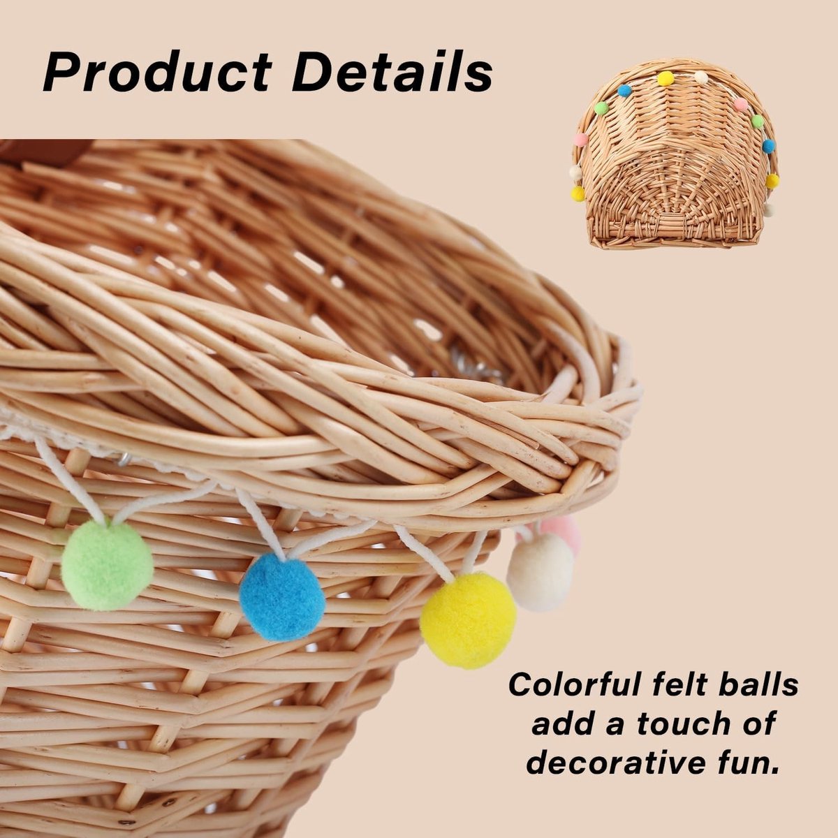 Fietsmand - Honinggeel - 46 cm - Wicker met Leren Riemen en Vilten Ballen - Voor Kinderen