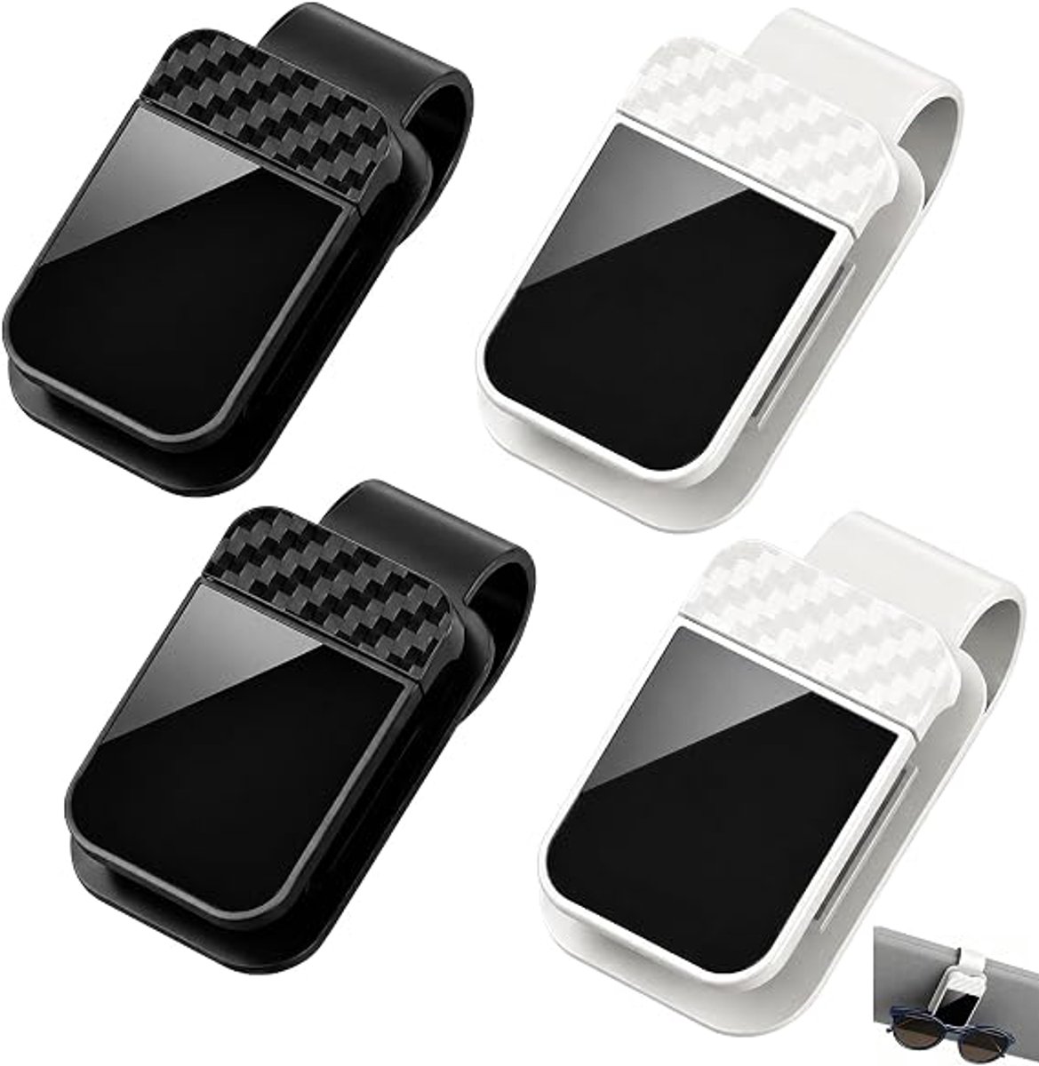 4-delige autoglazenhouder set, zwarte en witte zonneklepclips - Voor het organiseren van zonnebrillen en brillen, accessoires voor het interieur van de auto