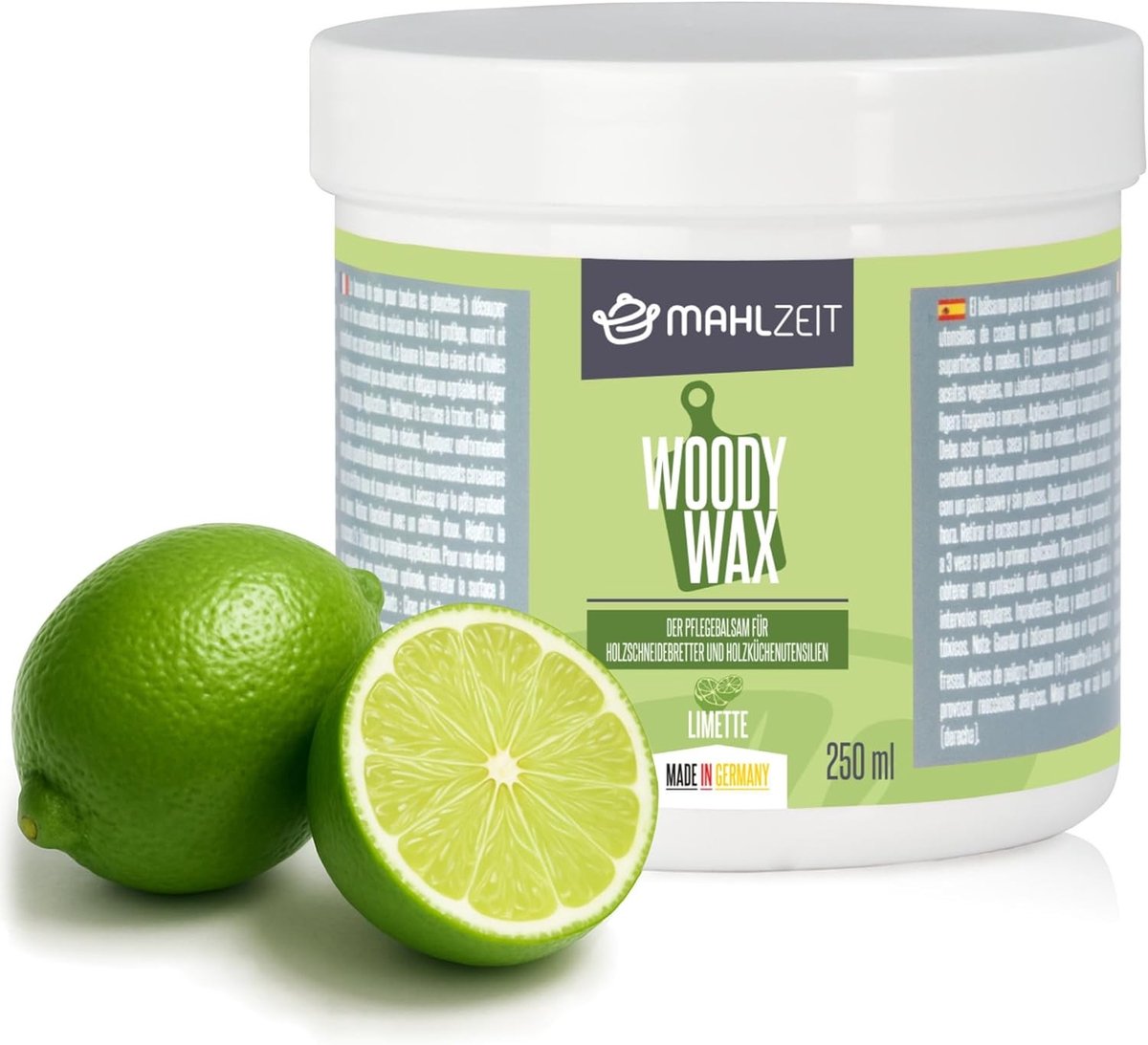 Mahlzeit WOODY WAX Limoen houtverzorging voor snijplanken, 250 ml, 100% natuurlijk, houtwas en balsem