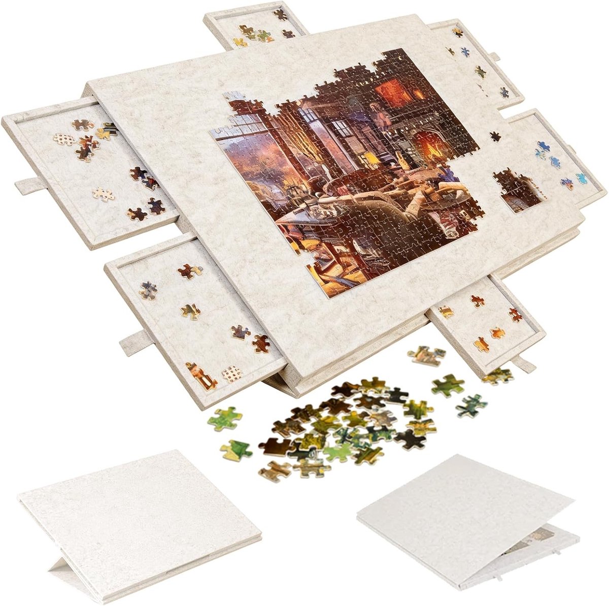 Puzzeltafel - Lichtbeige - Geschikt voor 1000 stukjes - Draagbaar Puzzelblad met 6 Sorteerladen en Deksel - Voor Puzzelliefhebbers