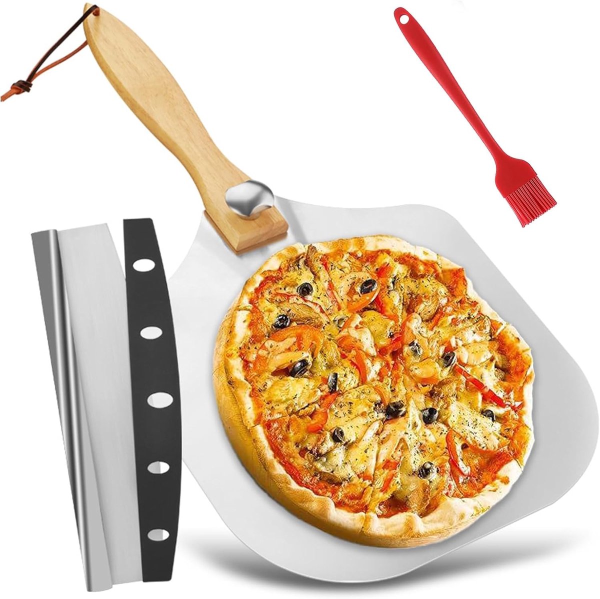 Pizzaschep set 12 inch pizzaschep roestvrij staal pizzaschep inklapbaar pizzaschep met houten handvat pizzasnijder en olieborstel pizzaschep accessoires voor bakken pizza brood