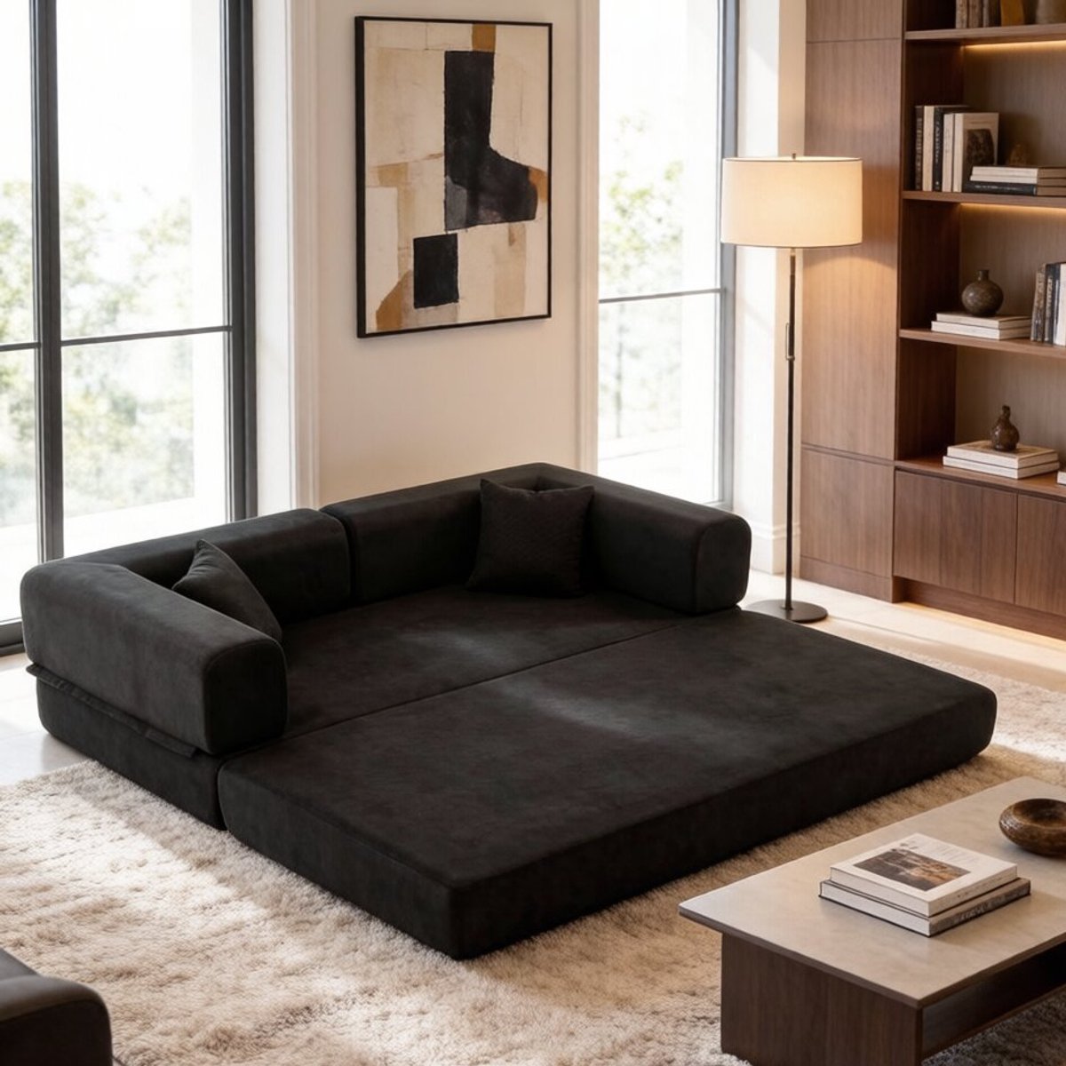 COVREO Slaapbank 200x100x70 cm zwart corduroy, 3-zits met kussens